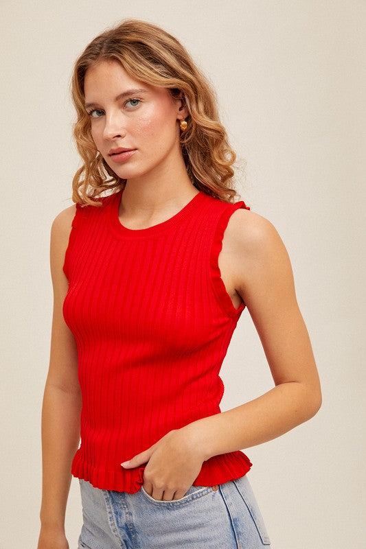 Red Sleeveless Frill Top