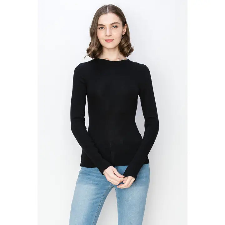 Solid Color Ribbed Cotton Spandex Crew Neck Long Sleeve Tee