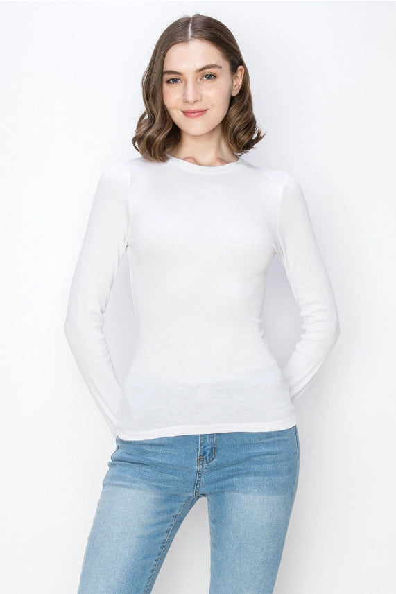 Solid Color Ribbed Cotton Spandex Crew Neck Long Sleeve Tee