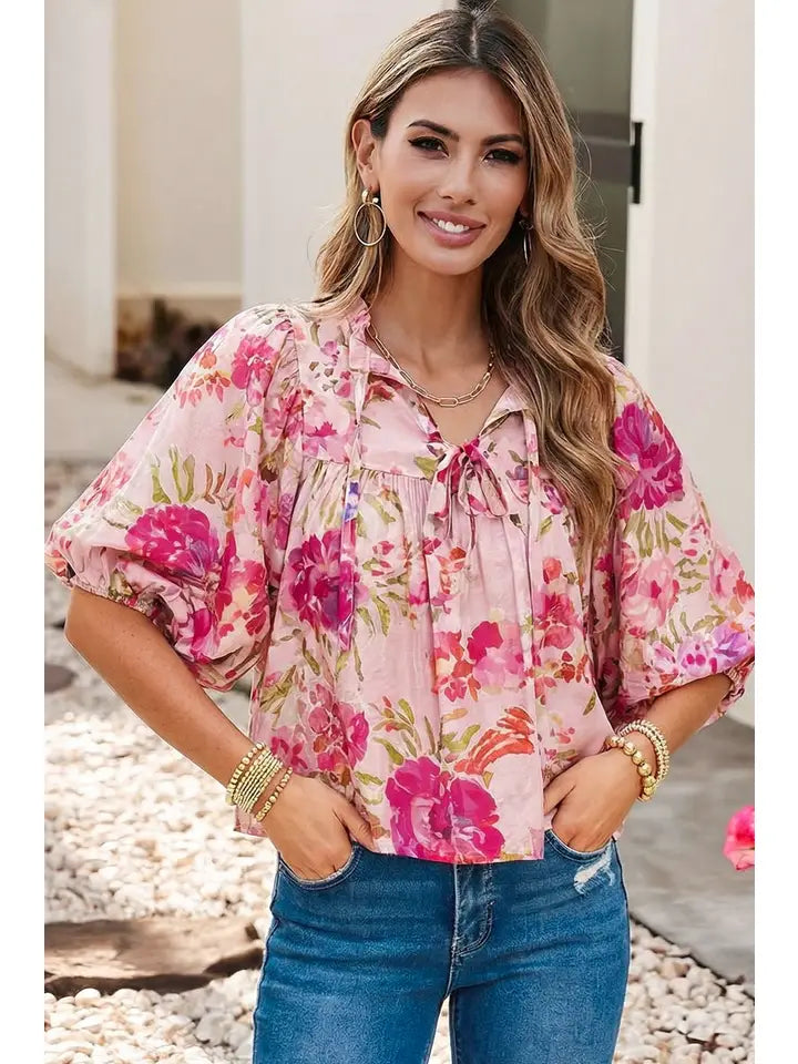 Spring Floral Print Tie Neck Puffy Half Sleeve Blouse