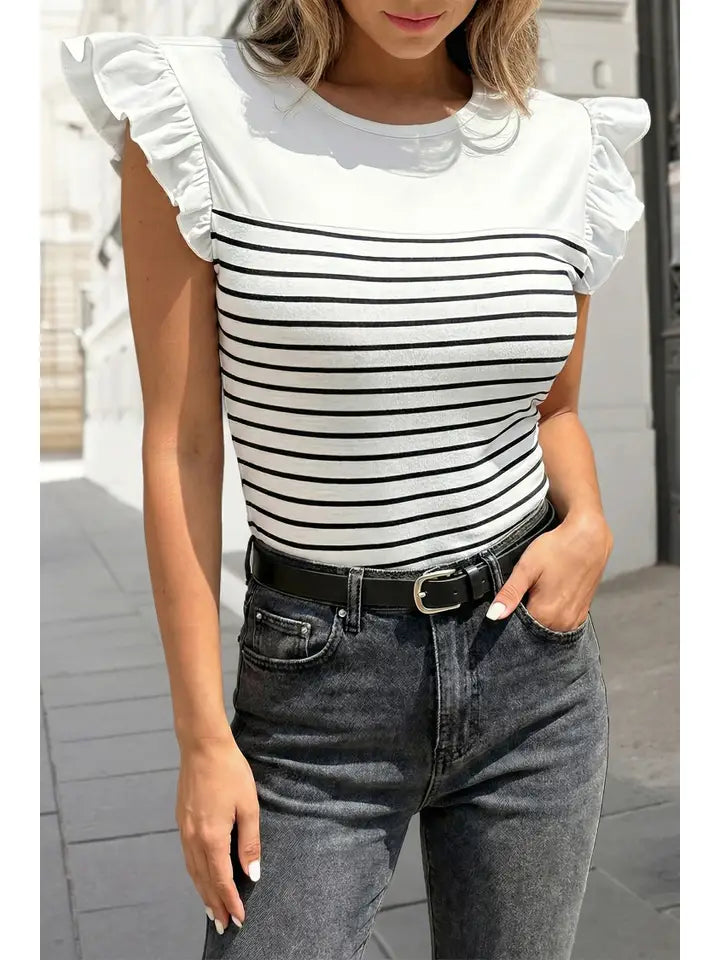 Stripe Contrast Knot Back Ruffle Trim Tank Top
