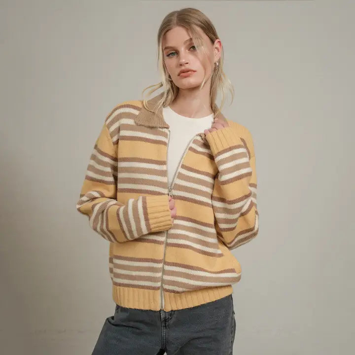 Stripe Zip-Up Knit Cardigan