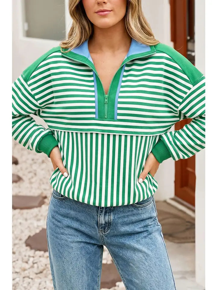 Striped Zip Neck Patchwork Blouse