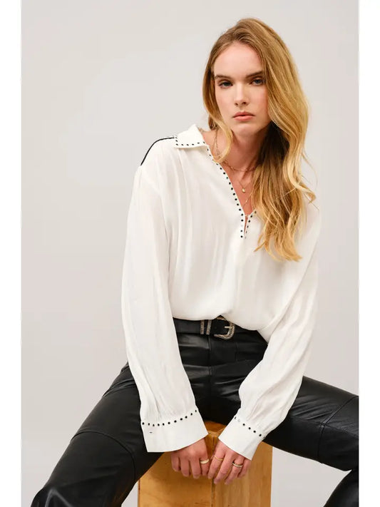 Studded Contrast Piping Collared Blouse