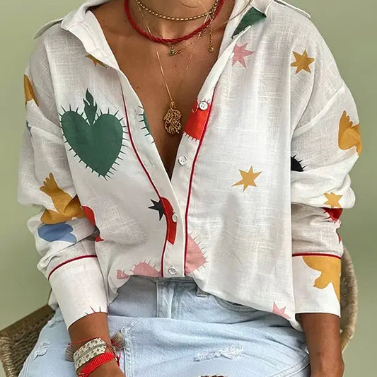 Sunshine Unique Print Button Long Sleeve Loose Blouse