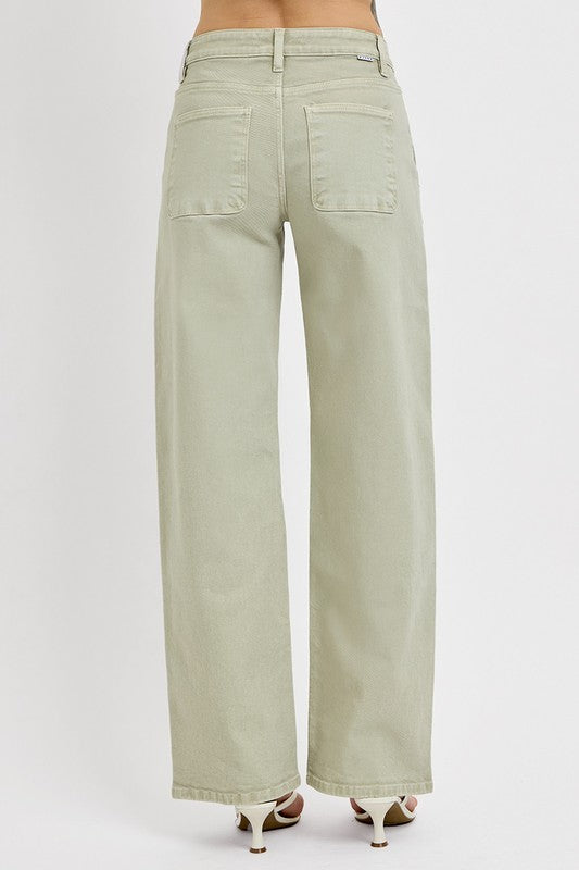 TUMMY CONTROL MID RISE FIT ANKLE BAGGY PANTS PISTACHIO