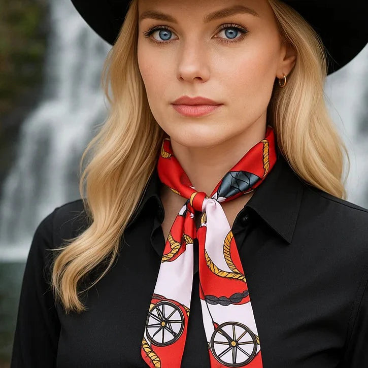 Red Wagon Wheel Western Skinny Mini Wild Rag Scarf / Cowgirl Necktie