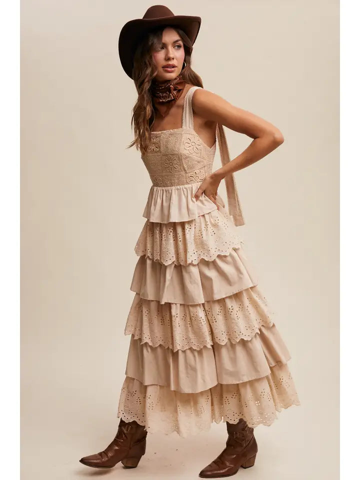 Tiered Embroidery Eyelet Maxi Dress