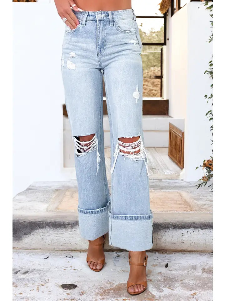 Timeless Stretchy Light Wash Distressed Flare Jeans