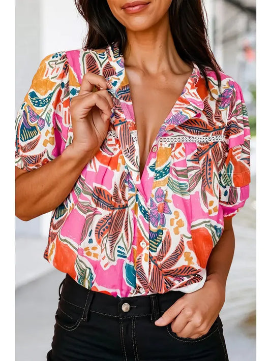 Tropical Print Button Up Short Sleeve Shirt