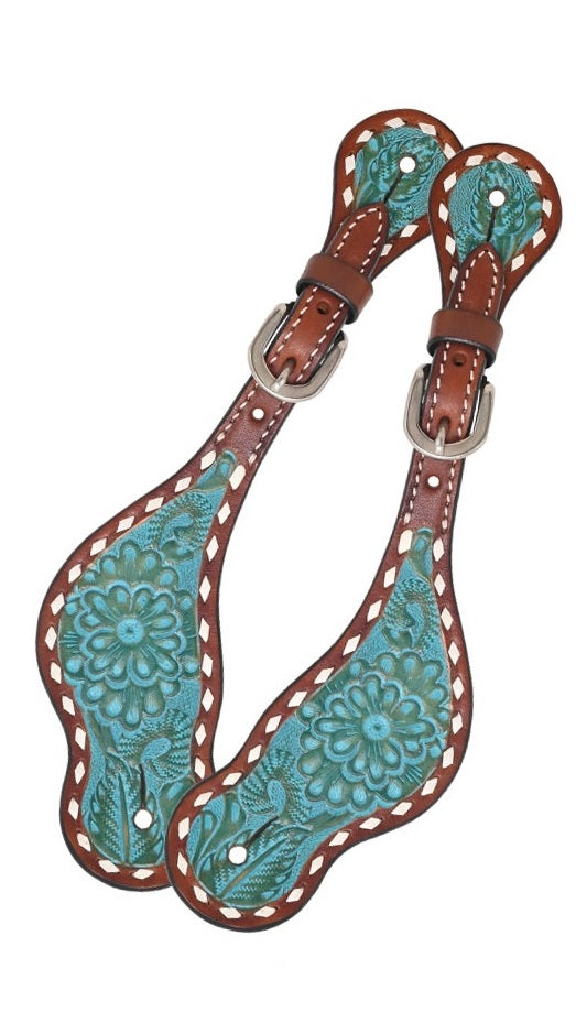 Ladies Spur Straps Turquoise Floral Carved