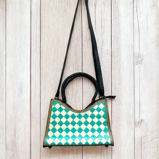 Turquoise Checker Tooled Leather Crossbody Bag