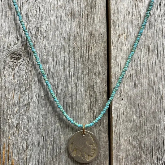 Turquoise Seed Beads with Buffalo Nickel Drop