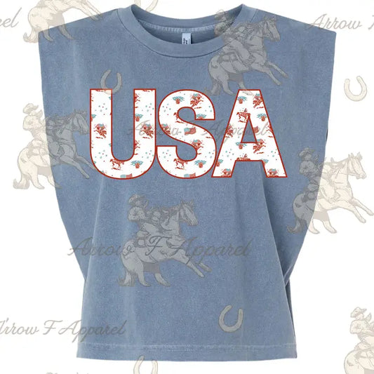 USA Western Print| Western Graphic Muscle Tank (Faded Navy)