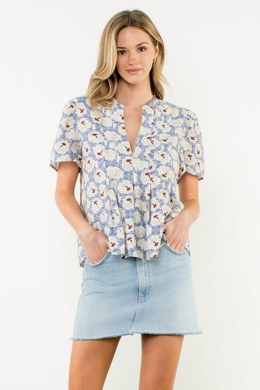 V-neck Pleated Floral Print Top