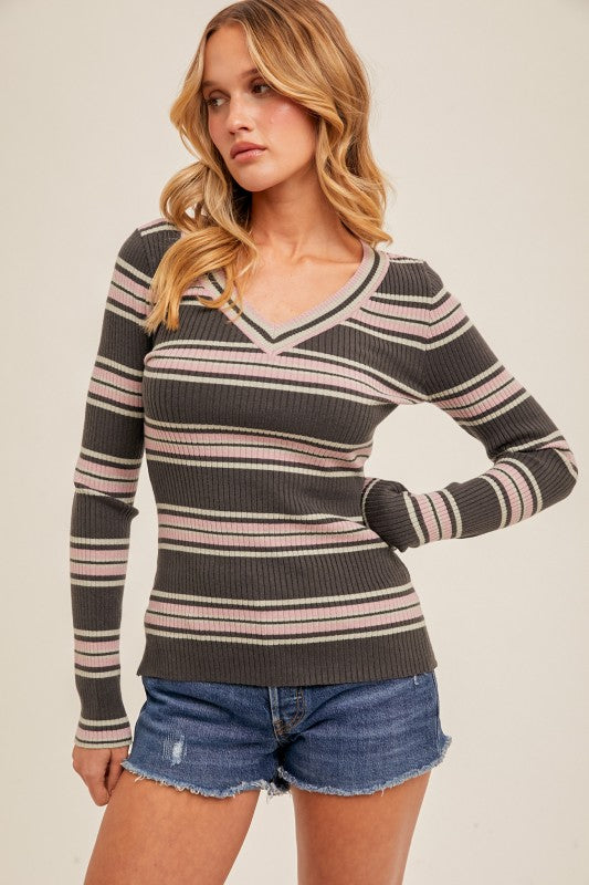 V-neck Rib Stripe Sweater Top