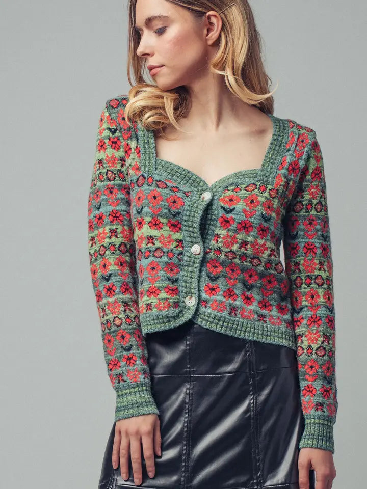 Vintage Floral Jacquard Knit Cardigan