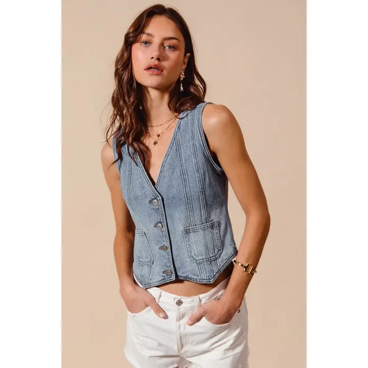 Vintage Washed Denim Buttoned Front Vest Top