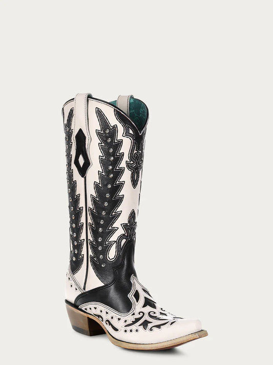 WOMEN'S BLACK OVERLAY EMBROIDERY AND STUDS SNIP TOE WHITE COWBOY BOOT