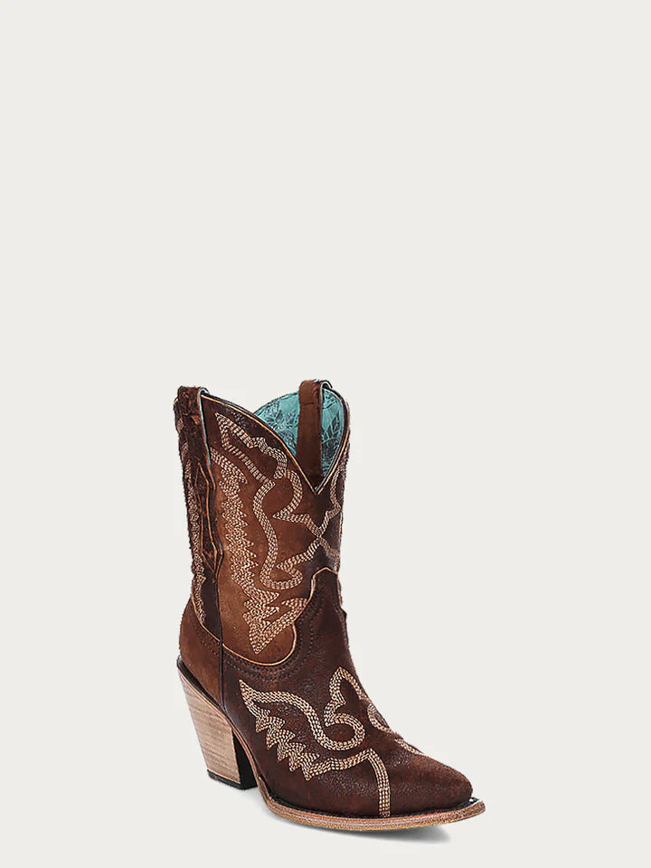 Corral WOMEN'S EMBROIDERY BROWN LAMB POINTED TOE COWBOY ANKLE BOOT