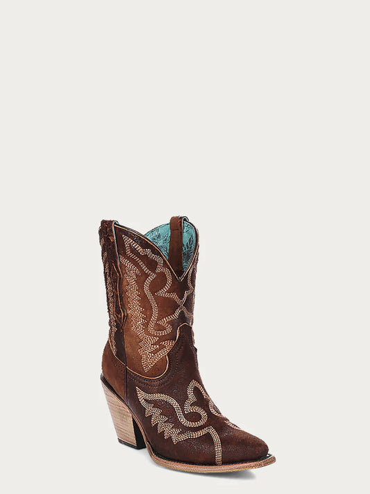 Corral WOMEN'S EMBROIDERY BROWN LAMB POINTED TOE COWBOY ANKLE BOOT