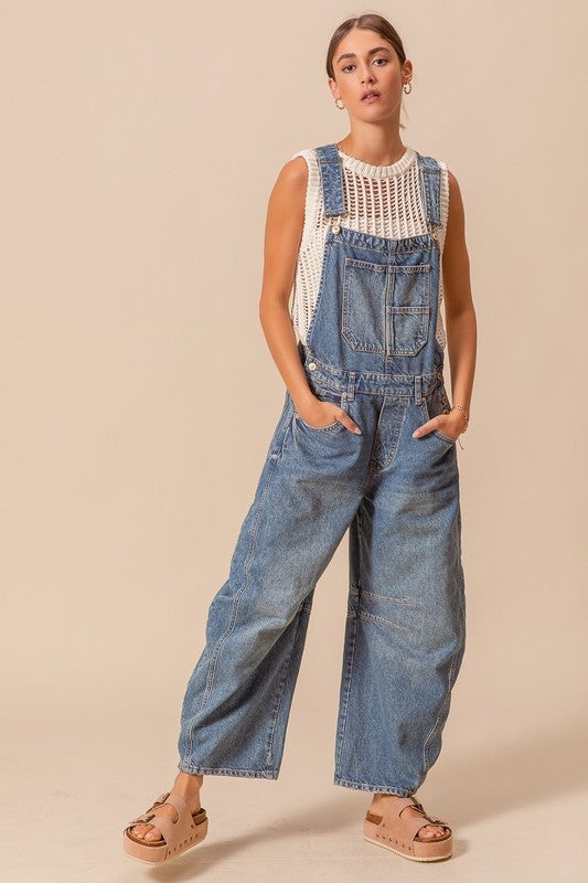 Washed Denim Slouchy Pants Overalls