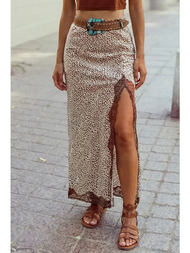 Western Cheetah Ruched High Waist Lace Splicing Slit Skirt