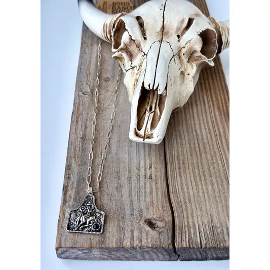 Western Cowboy Scenery Ear tag Pendant Stone Chain Necklace