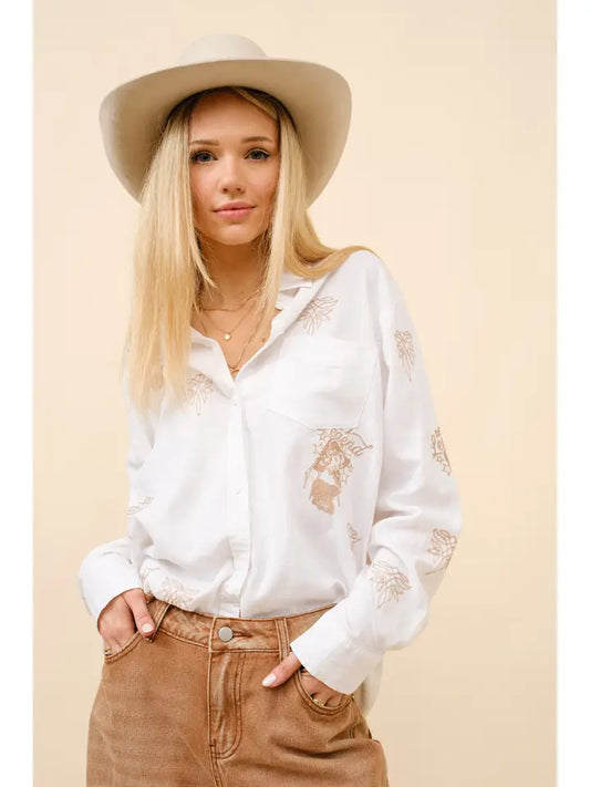 Western Embroidered Linen Blouse