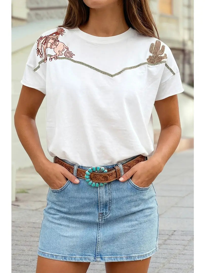 Western Fashion Embroidered Casual Tee