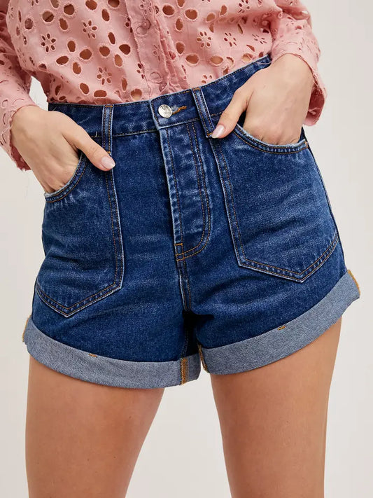Western Pocket Rolled Hem Denim Shorts