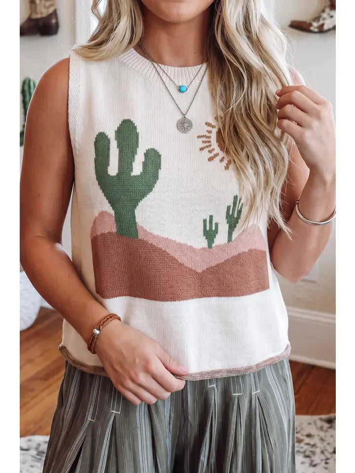Western Print Round Neck Shift Sleeveless Top