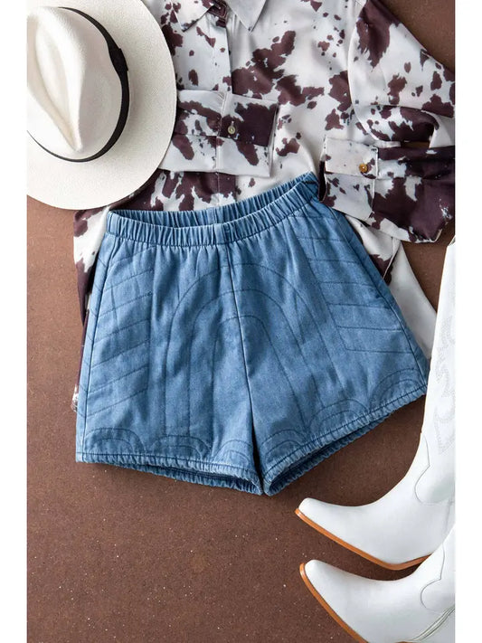 Western Quilted Elastic Waist Denim Shorts