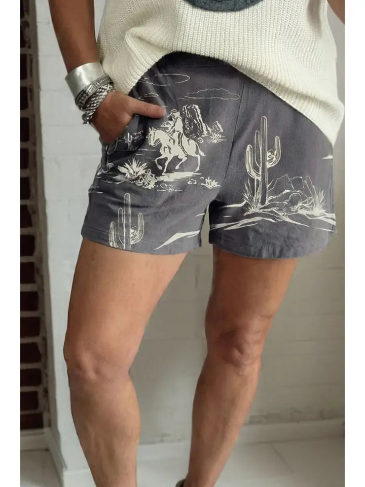 Western Wild West Retro Printed Denim Shorts