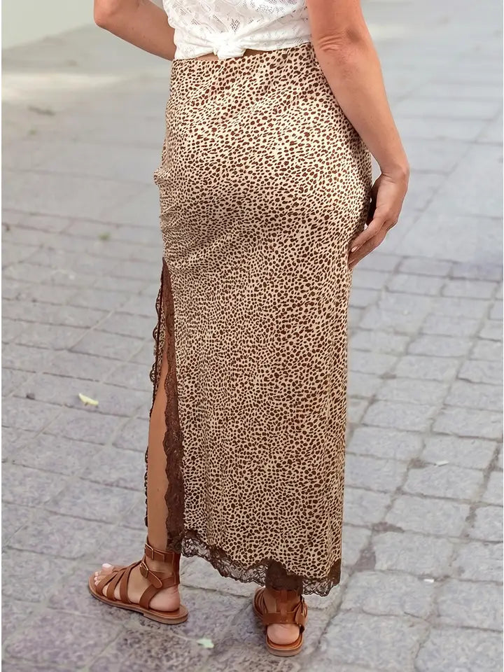 Western Cheetah Ruched High Waist Lace Splicing Slit Skirt