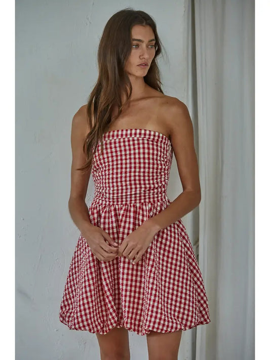 Woven Polyester Gingham Print Smocking Tube Mini