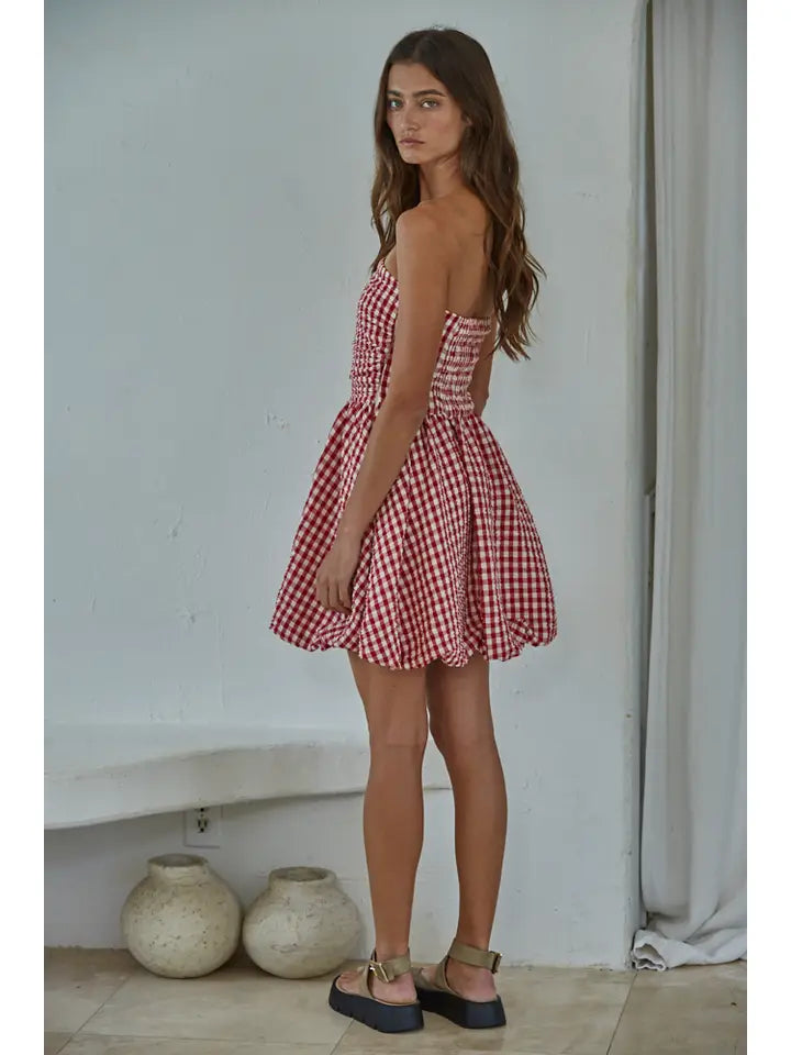 Woven Polyester Gingham Print Smocking Tube Mini
