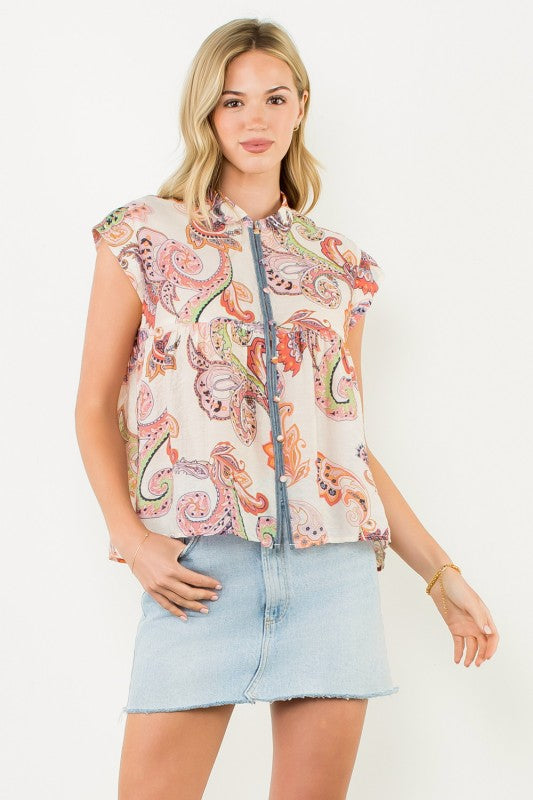 Cap Sleeve Paisley Button Down Top