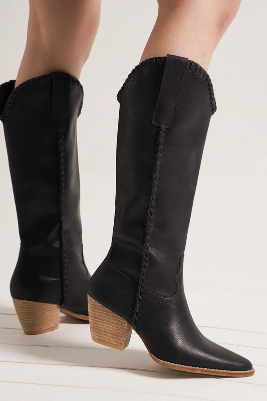 Black Pointy Chunky Heel Boot