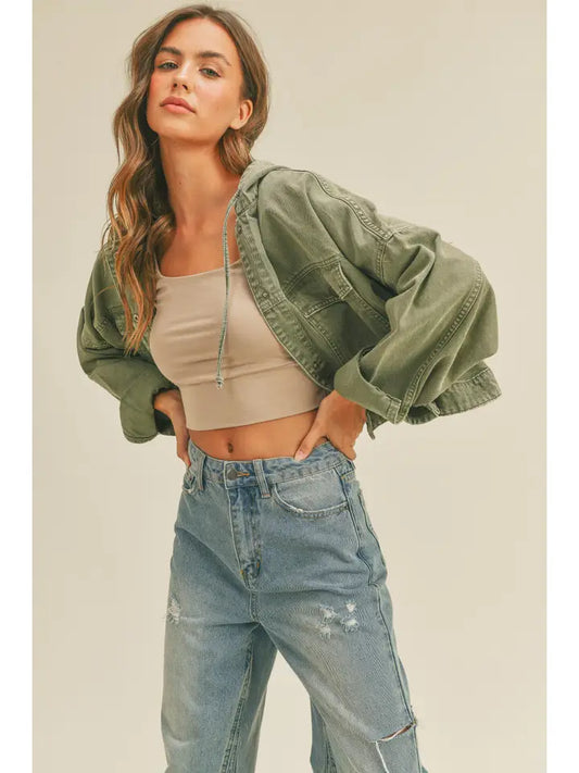 Olive Washed Cotton Jacket with Hoodie