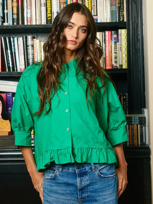 Ruffled Hem Solid Poplin Blouse Shirt Top