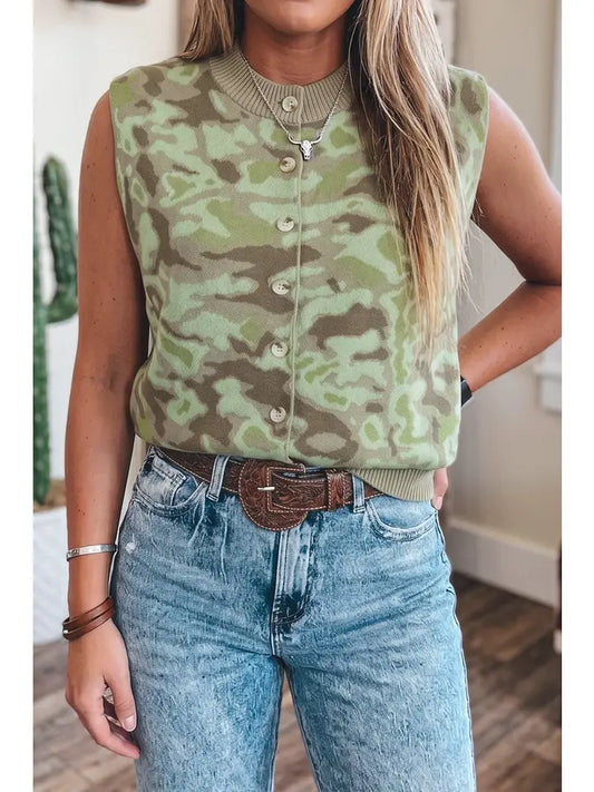 Camouflage Sleeveless Button Casual Round Neck Top