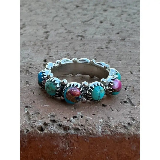 Pink Dream and Kingman Turquoise Sterling Silver Eternity Band Sz 6