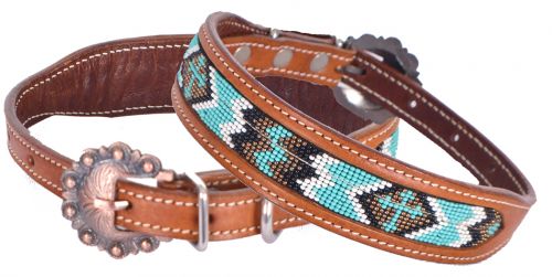 Showman Couture Beaded inlay leather dog collar with copper buckle - teal and gold cross