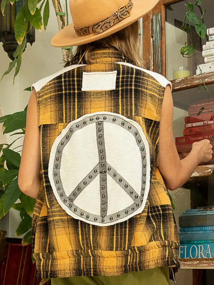 Collared Peace Emblem On Back Plaid Biker Vest Jacket