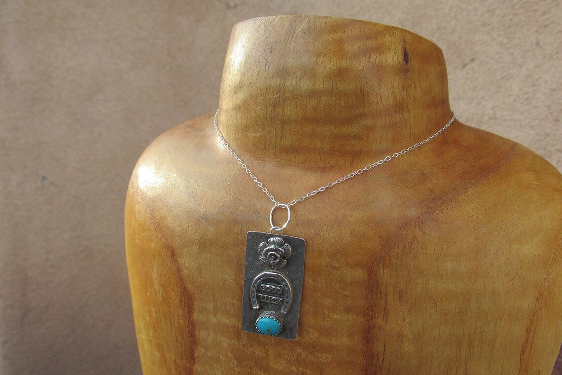 Horseshoe W/Flower & Turquoise Good Luck Pendant