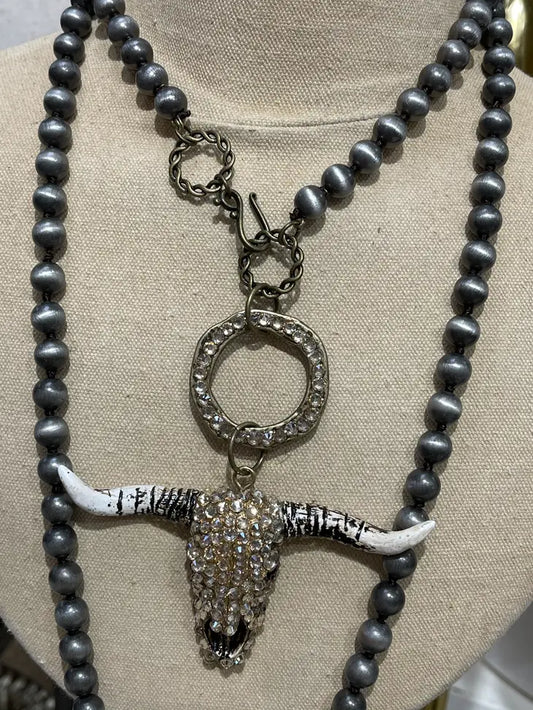 Hand Crystalled Cowskull On Navajo Pearl Look Necklace