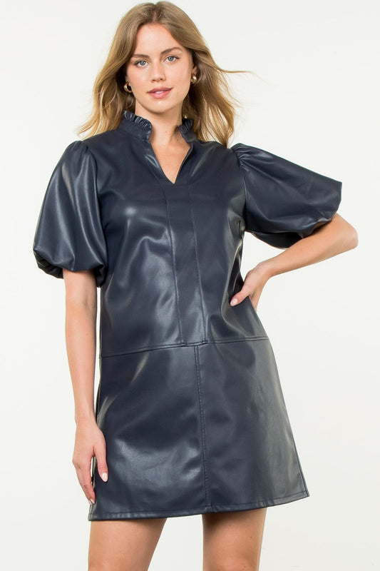 Navy Puff Sleeve Leather Dress