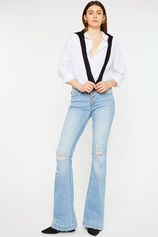 MID RISE BUTTON UP DISTRESS FLARE JEANS