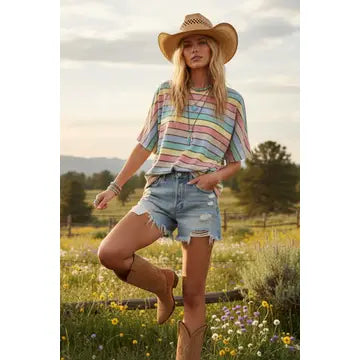 Mineral Washed Multi Striped Knit Top Pink